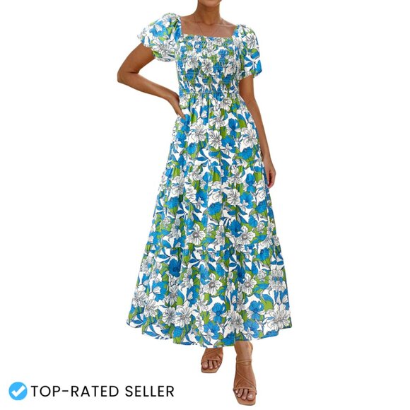 Puff Sleeve Maxi Dress Smocked Tiered Ruffle A-Line Flowy Beach Chic